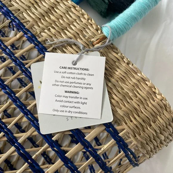 NWT Haute Hippie Rattan Woven Tote Bag Straw Purse in Natural Tan Navy Turquoise - Picture 3 of 4